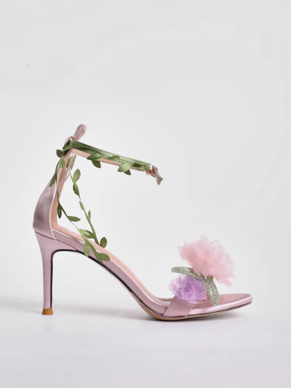 Blush Pink Floral Ankle-Strap Heels with Green Leaf Wrap